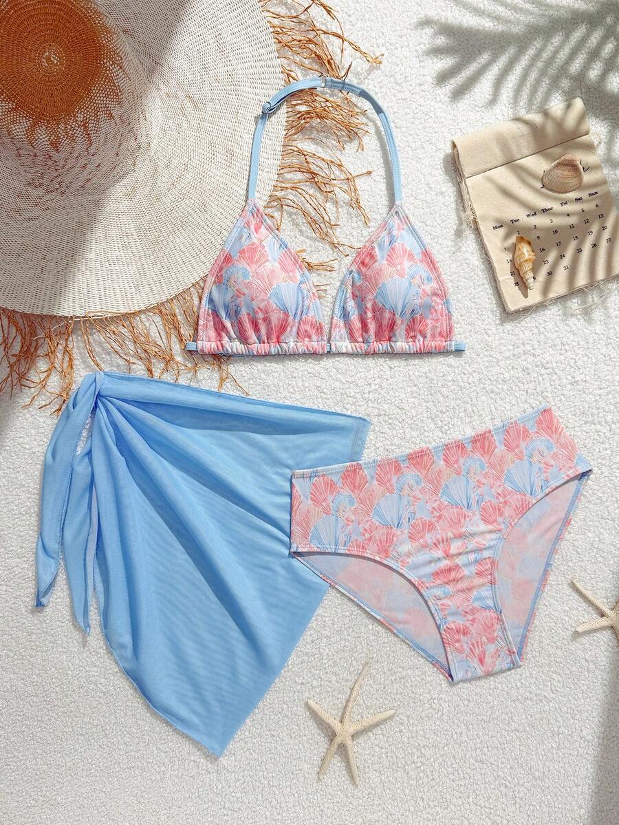 SHEIN 少女三件套比基尼，可爱扇贝印花，针织面料，挂脖式比基尼上衣+网纱裙，时尚优雅，适合游泳、夏季度假、海滩、泳池等场合。 - 彩色 - 查看 1