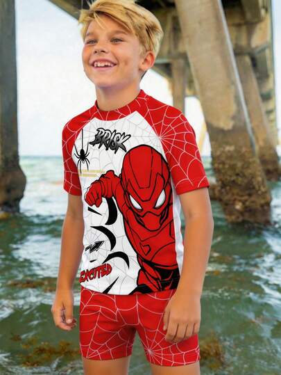 Tween Boy Casual Loose Round Neck Short Sleeve T-Shirt And Shorts Swimwear Set, Suitable For Summer, Classic Spider Web, Spider Web Print Pattern, Classic Spider, Cool Spider Hero Cartoon Print, Suitable For Surfing, Suitable For Vacation