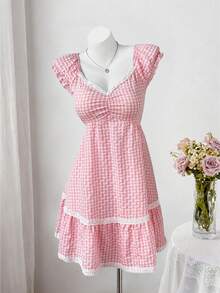 Sweetra Nouvelle robe d'été mode douce à carreaux roses, col en V, patchwork en dentelle, manches courtes - Rose bonbon - Voir 5