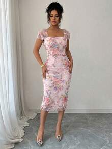 Elenzga 女士优雅浪漫网纱印花褶皱中长连衣裙，适合婚礼季、派对、约会、休闲外出、春夏穿着 - 粉色 - 查看 4