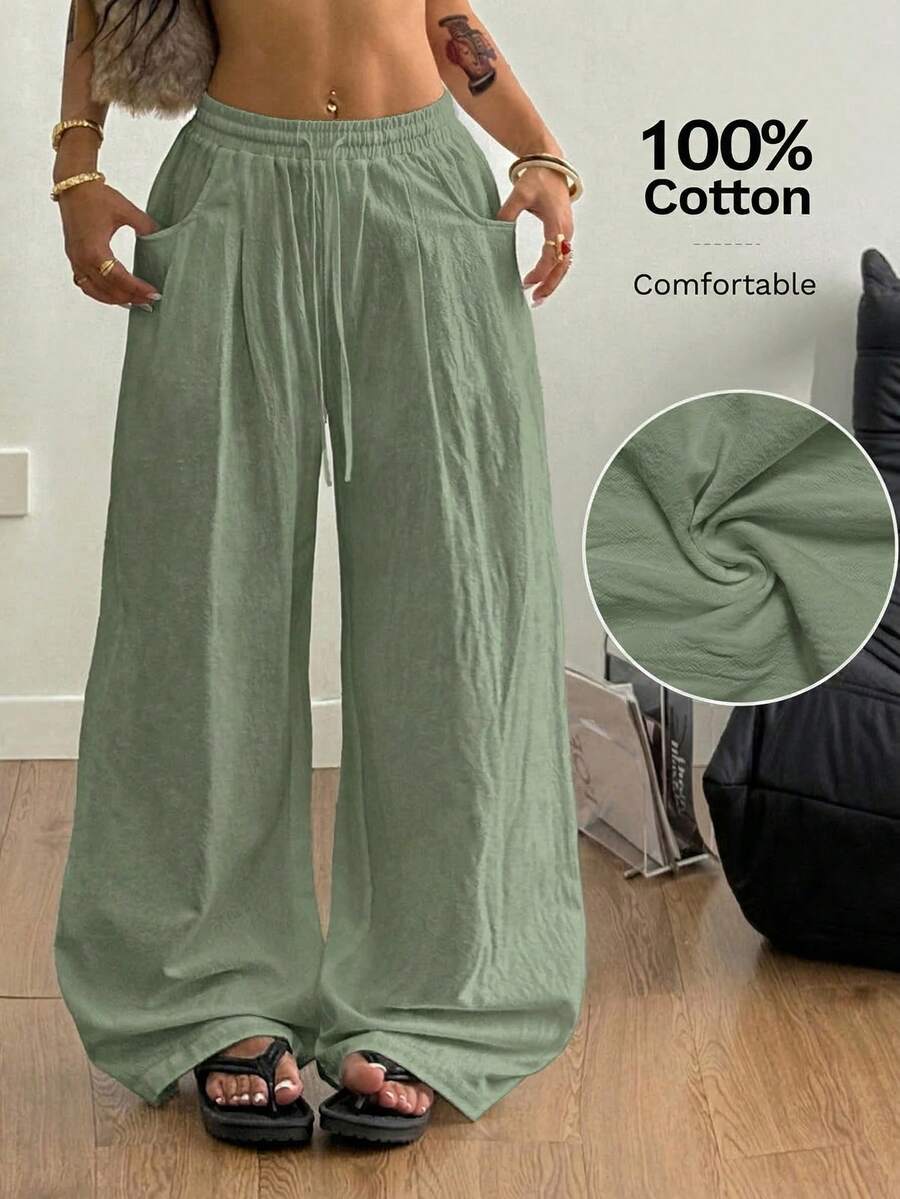 Coolane Trang phục mùa hè tối giản phong cách Boho cho nữ, quần ống rộng cạp thấp thoải mái bằng vải lanh, thích hợp cho kỳ nghỉ. - Xanh lá cây Mù sương - Xem 1