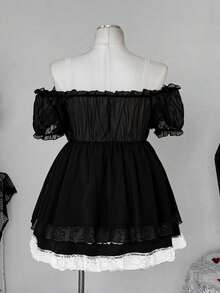 Sunspun Áo sơ mi tay ngắn trễ vai màu trơn cỡ lớn bằng vải chiffon với viền bèo nhún và nơ. - màu đen - Xem 2