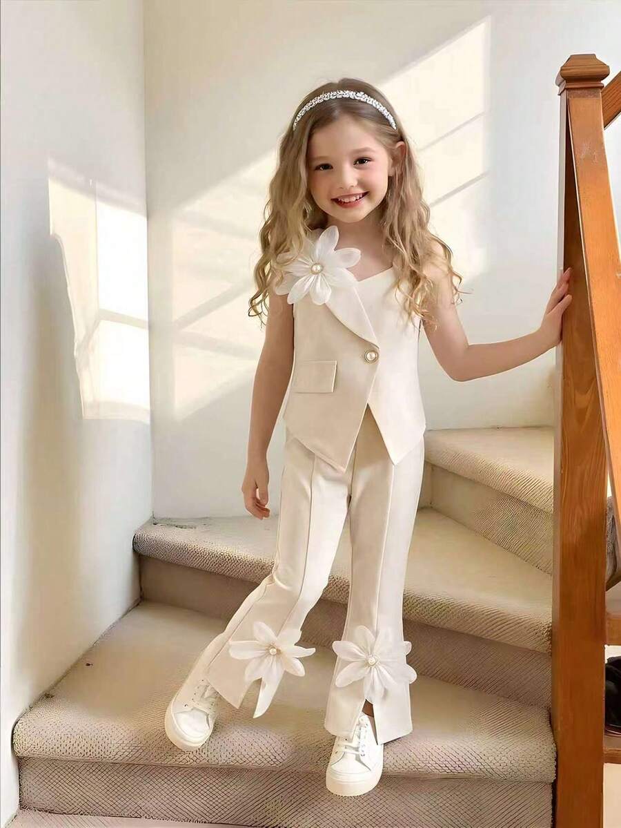 Elladie kids 女童夏季新款二合一设计，不对称吊带上衣搭配外套，不对称下摆无袖上衣和喇叭裤，饰有蝴蝶结，清新时尚杏色套装