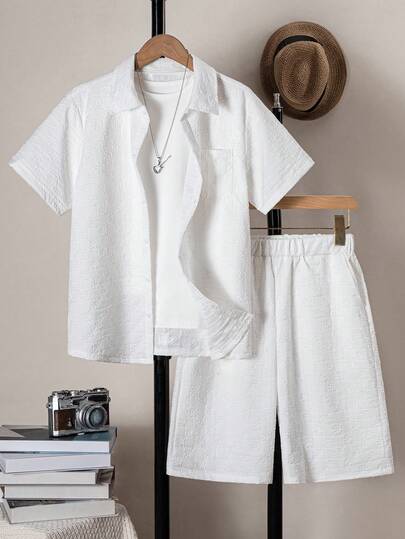 青少年新款夏季度假风休闲衬衫短裤套装，时尚百搭简约两件套