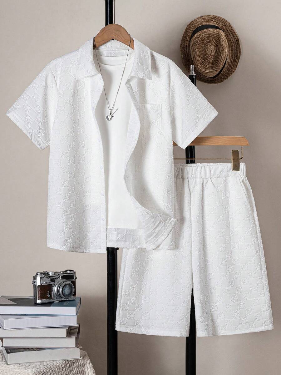 青少年新款夏季度假风休闲衬衫短裤套装，时尚百搭简约两件套 - 白色 - 查看 1