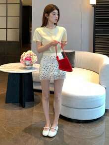 DAZY 女士米色波点网纱拼接高腰提花蕾丝迷你裙，适合娇小身材 - 黑與白 - 查看 9