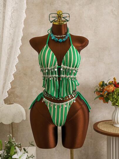 Zestiva Spring/Summer Green Fresh Women's Beach Vacation Tankini Swimsuit With Seashell Tassel Decor And Tie, Sexy Tankini Set