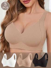 Set Of 3 Seamless And Underwired Bras For Women, Sports Yoga Support Bras With Ribbed Ribbed, Comfortable And Full Coverage For Daily Use. - Multicolor - View 2