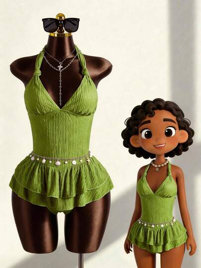 Zestiva 2026春夏度假沙滩性感绿色迷你裙吊带泳衣套装（含泳裤）