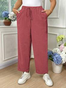 EMERY ROSE Plus Size Women Casual Solid Color Cotton Fold-Over Pants Fall - Pink - View 5