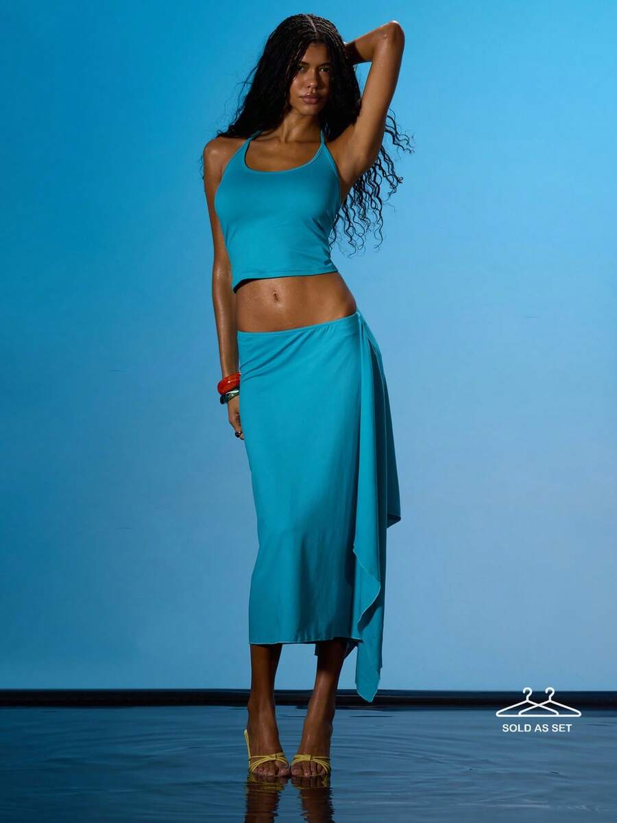 MUSERA Strappy Slinky Scoop Neck Cami Top With Low Rise Drape Detail Slinky Maxi Skirt Coord Set Sold Together Summer Sexy Going Out Beach Holiday Ibiza Club Tropical Fever - Teal Blue - View 1