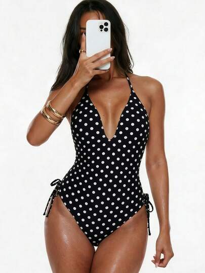 Oceva Áo tắm liền thân chấm bi tối giản, thời trang, hở lưng, buộc dây dành cho nữ, mùa hè.