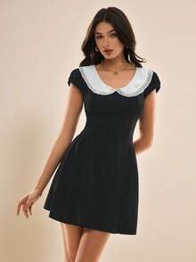 Poéselle Vestido de moda con cuello Peter Pan y mangas cortas de color contrastante para mujer, vestido negro, atuendos de trabajo para mujer, vestidos de vacaciones, vestidos elegantes para mujer, vestidos casuales para mujer, atuendos de vacaciones para mujer, estilo campestre para mujer, perfecto para vacaciones, viajes, fines de semana y uso en el té, vestido de primavera/verano con estilo preppy para mujer, vestido con cuello Peter Pan, vestido de estilo francés, vestido de marinero para mujer - Blanco - Ver 2
