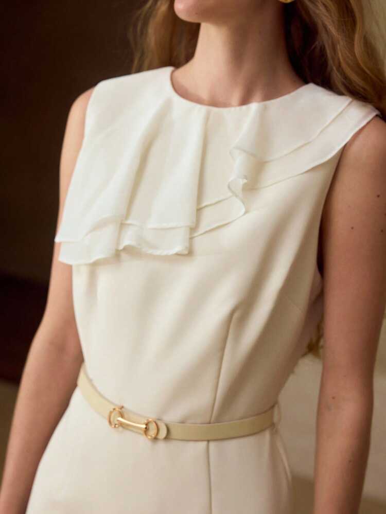 SUMMER NEW ARRIVAL ELEGANT LOTUS LEAF MERMAID HEM ROUND NECK DRESS, SLEEVELESS HIGH-END WOMEN'S CLOTHING, WAIST DESIGN SLIMMING FIT MIDI DRESS IN BEIGE, WITH BELT