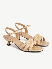 CUCCOO CHICEST New Summer Apricot Square Toe Pearl & Rhinestone Criss-Cross Strap Elegant Fashion Versatile Women High Heel Sandals Summer Shoes - Apricot - View 1