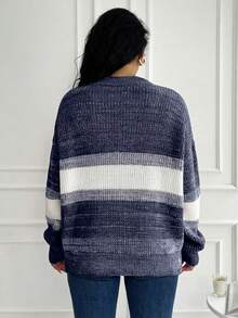 SHEIN Cottnline Plus Size Women V-Neck Colorblock Pullover Sweater, Autumn/Winter - Navy Blue - View 2