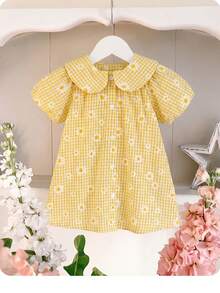 女婴可爱黄色彼得潘领蝴蝶结短袖连衣裙，夏季 - 黃色 - 查看 4