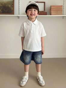 Hapijoa Young Boy Solid Color Short Sleeve Casual Polo Shirt Summer - White - View 4