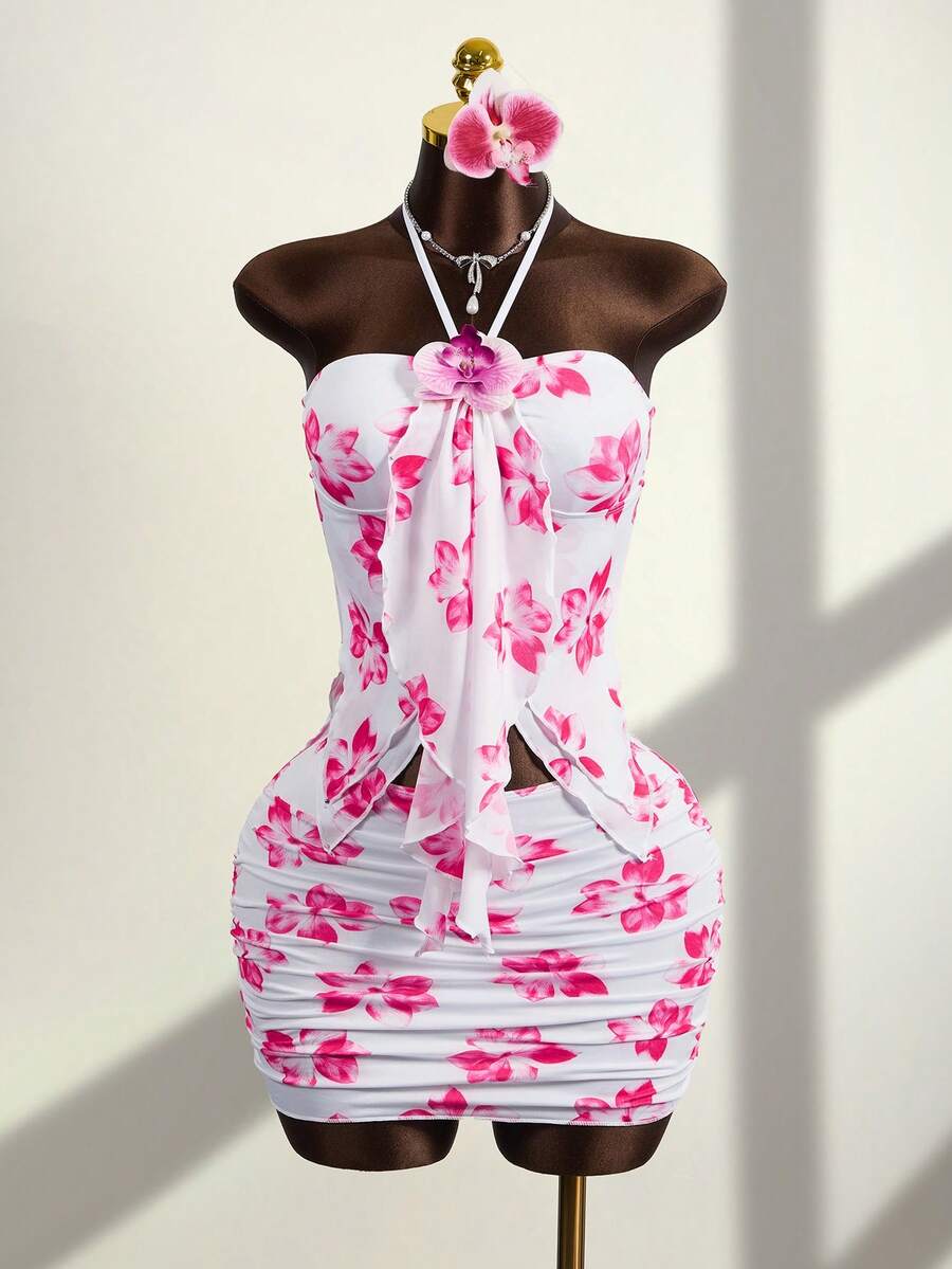 Zestiva 春夏热销休闲植物花卉印花前中心3D花朵+荷叶边领防滑上衣+植物花卉印花侧边褶皱中长裙女式休闲套装 - 彩色 - 查看 1