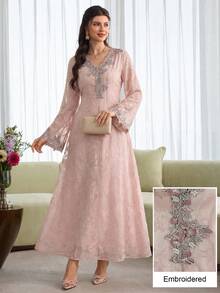 Al Najma Váy hoa xòe tay dài màu hồng thêu cổ chữ V thanh lịch dành cho nữ - Hồng - Xem 4