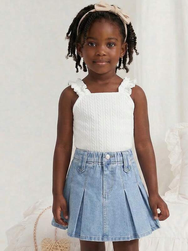 SHEIN 年轻女孩针织纯色方领荷叶边休闲背心 年轻女孩短款上衣>针织面料儿童白色短款上衣年轻女孩短款上衣>针织