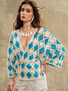 Arave Women's Loose Batwing Knitted Cardigan, Faux Cashmere Texture, Handmade Hollow-Out Patchwork Design - Multicolor - View 4