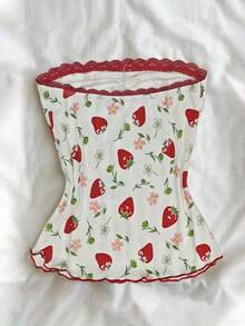 Glimmora 女士夏季休闲度假草莓碎花撞色蕾丝荷叶边褶皱胸部修身抹胸上衣 - 彩色 - 查看 2