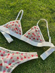 女士性感网状心形印花无钢圈文胸和丁字裤内衣套装 - 紅白色 - 查看 3