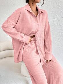 EMERY ROSE Women's Solid Color Single-Breasted Long Sleeve Top And Wide Leg Pants Casual 2 Pieces Set - Pink - View 2