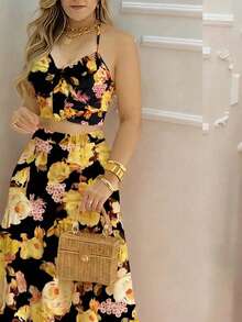 INAWLY 女士度假休闲风印花吊带背心上衣和半裙套装 - 黑色 - 查看 4