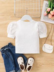 SHEIN Young Girl Jacquard Knit & Mesh Patchwork Cute T-Shirt,Kids - White - View 2