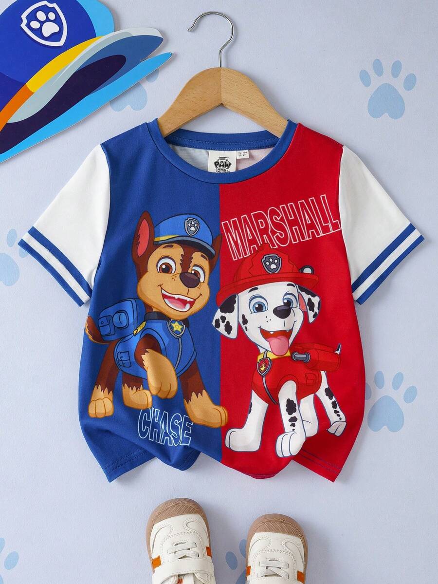 SHEIN | PAW Patrol 男童撞色拼接卡通印花T恤 - 彩色 - 查看 1