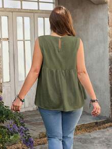 Rosumi Plus Size Women Solid Color Round Neck Side Tie Casual Loose Tank Top - Green - View 3