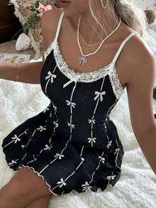 CottageSlumber Black Bow Tie Print Contrast Lace Trim Jacquard Camisole Nightgown - Black - View 4