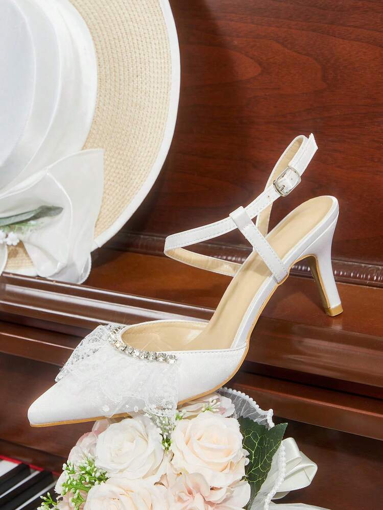 CUCCOO HITCHD White Satin Lace & Rhinestone Decor Elegant Banquet Stiletto High Heel Women Shoes
