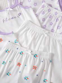 SHEIN Playful Pals 8件套女婴幼儿/新生儿0-3岁春夏休闲可爱罗纹针织吊带背心和短裤套装，日常穿着 - 淡紫色 - 查看 8