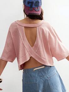 Bohemela Áo thun nữ dệt kim cổ tròn, tay ngắn, màu trơn, dáng rộng, không lưng, kiểu dáng thường ngày. - Bụi hồng - Xem 6