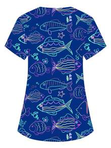 PopScrub Women Blue Hospital V-Neck Short Sleeve Blouse,Cute Cartoon Underwater Fish Animal Print Scrub Top With Dual Pockets,Nurse Doctor Healthcare Uniform - Blue - View 2