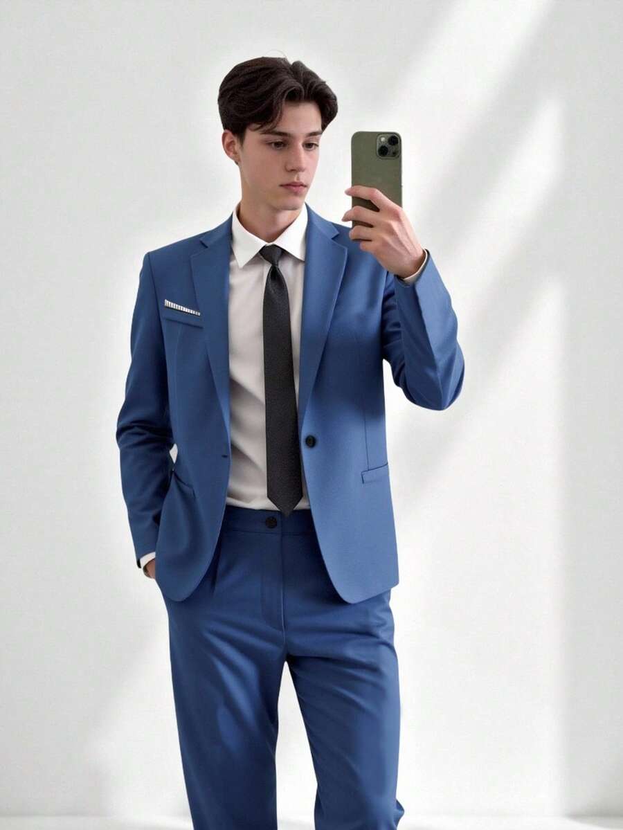 SHEIN 两件套青少年男士绅士套装,包含修身单排扣西装外套和西裤。优雅休闲的户外正装,适合生日派对、晚宴、演出、主持、婚礼季等场合。 - 藍色 - 查看 1