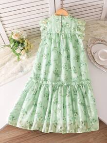 SHEIN Tween Girl Sleeveless Light Green Ditsy Floral Chiffon Dress,Summer Casual Party Princess Style Flutter Sleeve Multi-Layer Skirt Pearl Collar Wear - Green - View 3
