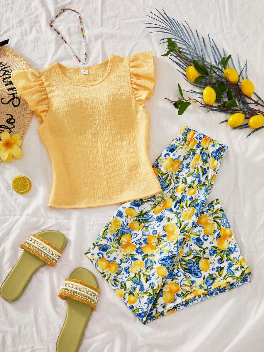 两件套女童针织纹理圆领泡泡袖上衣搭配印花直筒裤，休闲度假风，适合春夏日常穿着及度假。 - 黃色 - 查看 1