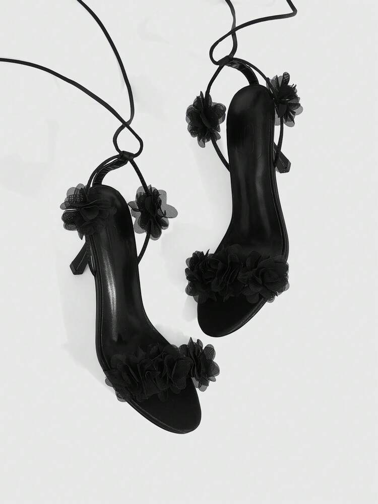 CUCCOO SZL Women Shoes Black Satin Satin Bouquet Decoration Fashionable Sexy Wedding Strap Round Toe High Heel Sandals Prom Heels