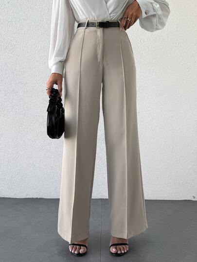 SHEIN Tall Size Women's Beige Solid Color Casual High Waist Loose Fit Pants With Pocket Details