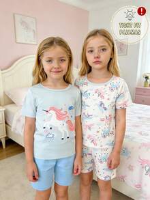 女童紧身睡衣套装，短袖短裤，可爱独角兽、爱心、星星、云朵印花，舒适面料，深受甜美优雅风格女孩的喜爱。 - 淺藍色 - 查看 2