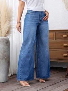 SHEIN PETITE 直筒宽松休闲百搭日常女式牛仔裤 - 淺色水洗藍 - 查看 5