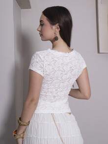 Duda Rubert Solid Color Knit Lace Short Sleeve V-Neck Fitted Women Top - Apricot - View 4