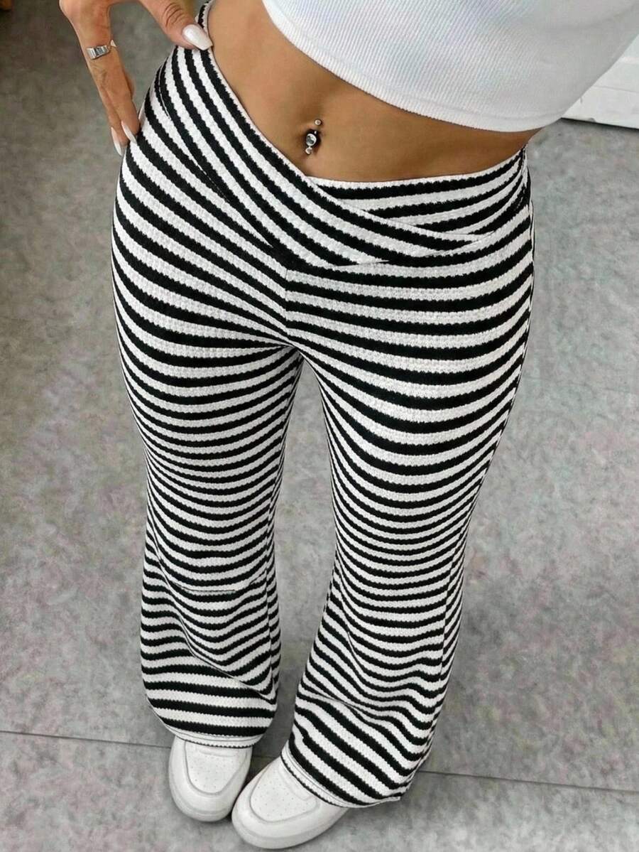 SHEIN EZwear 女士不对称腰带条纹休闲喇叭裤 - 黑色 - 查看 1