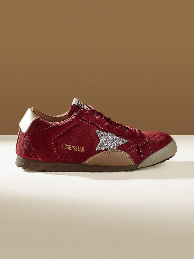CUCCOO EASI Women's Shoes Color Matching Design Lace-Up Round Toe Flat Bottom Casual Sports Shoes Casual Style Imitation Suede PU Leather Burgundy Casual Sports Shoes Daily Outdoor Sports And Leisure