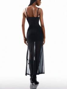Airlisse Robe moulante femme sexy à fines bretelles transparentes, froncée avec fente - Noir - Voir 2