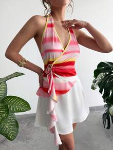 SHEIN LUNE Women Striped Tie Dye Halter Top, Boho Summer Vacation Beach, Metal Buckle Asymmetric Hem Top - Multicolor - View 8